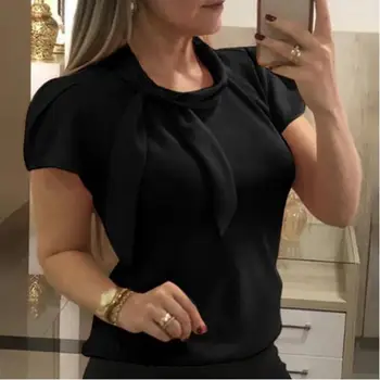 

Women Elegant Blouse Short Sleeve Bow Chiffon Shirts Summer Tops Office Shirts