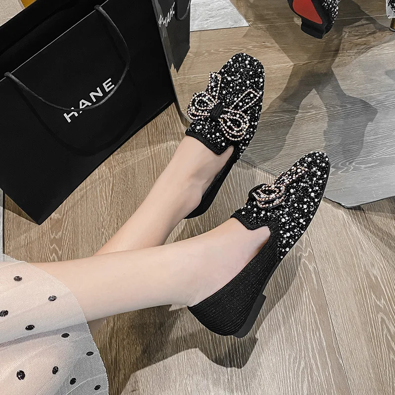 41-43 big size crystal bow flat shoes woman pearl beading breathable ballet flats beauty bow buckle moccasins shoes for women women shoes,women flats