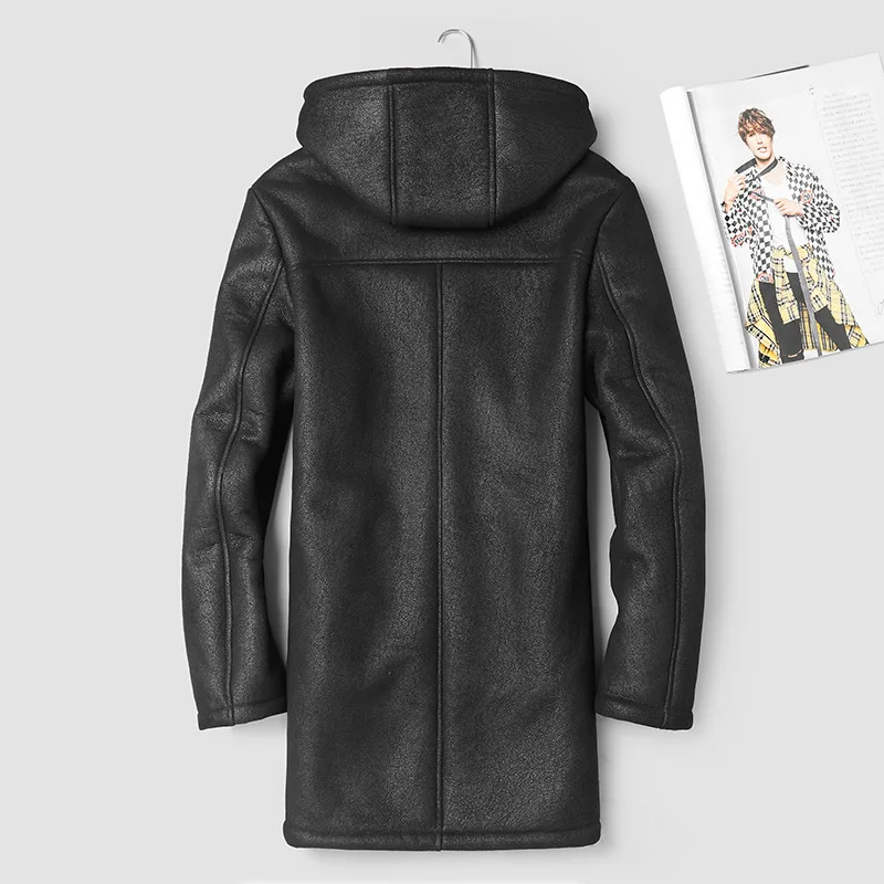 

2020 Genuine Leather Jacket Men Winter Coat Hooded Sheep Shearling Jacket Man Warm Men's Leather Jackets 8087 KJ2991