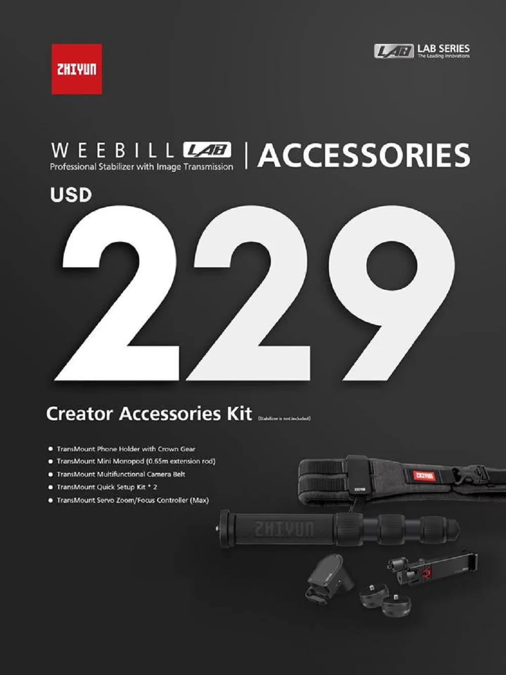 Zhiyun WEEBILL LAB Creator аксессуары комплект зум/контроллер фокусировки(макс), набор быстрой настройки, ремень камеры, мини-монопод, держатель для телефона