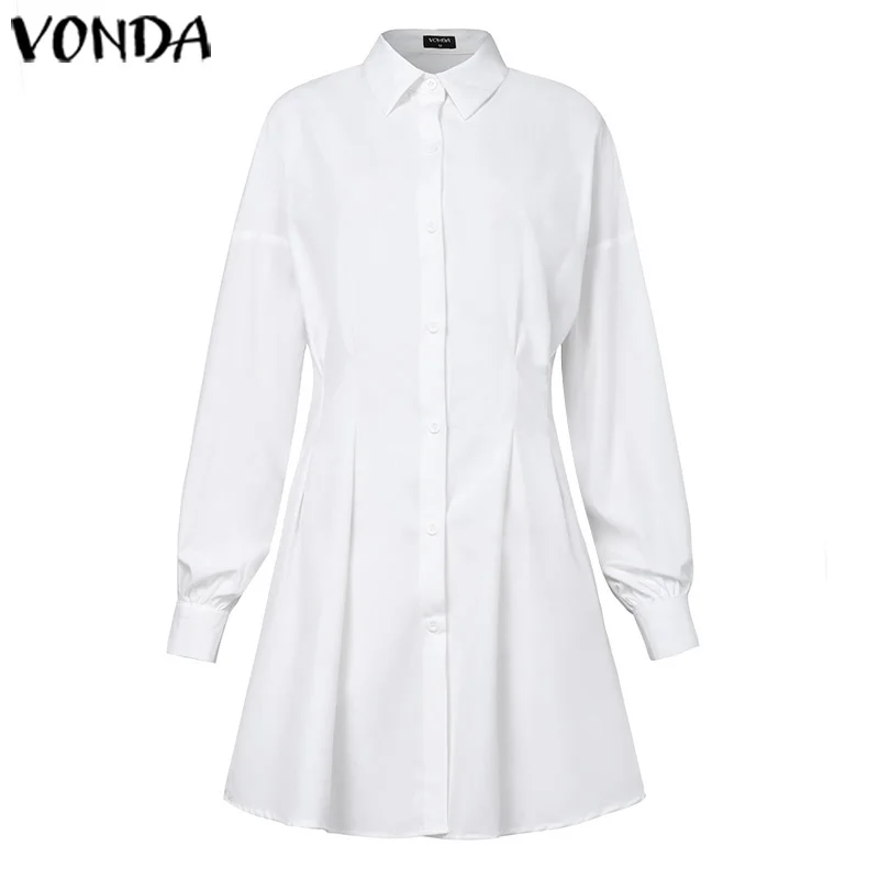 VONDA, летнее платье-рубашка для женщин, винтажное, с отложным воротником, на пуговицах, для офиса, с коротким рукавом, мини-платья, женское Повседневное платье, Vestidos