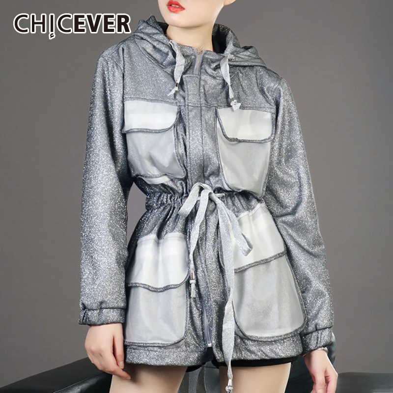

CHICEVER Patchwork Hit Color Windbreakers Female Hooded Collar Long Sleeve High Waist Drawstring Lace Up Women's Trench 2020 New
