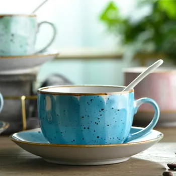 

European Ceramic Pottery Coffee Cup Set with Spoon Hand Painted Porcelain Espresso Cups Small Saucers Tea Cup Sets Gift MM60BYD