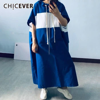 

CHICEVER Hit Color Casual Women's Dress Drawstring O Neck Short Batwing Sleeve Loose Preppy Style Dresses Female 2020 New Summer