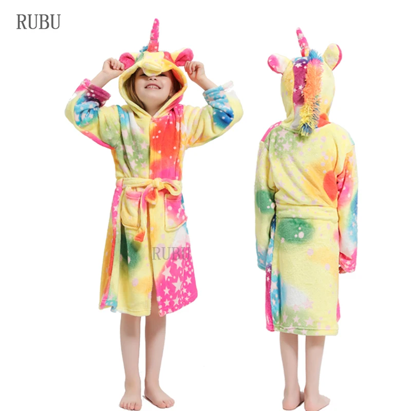 Kigurumi Unicorn Kids Bathrobe Flannel Child Boy Girl Bath Robe Sleepwear Winter Bathrobes Baby Animal Pajamas Children Clothing