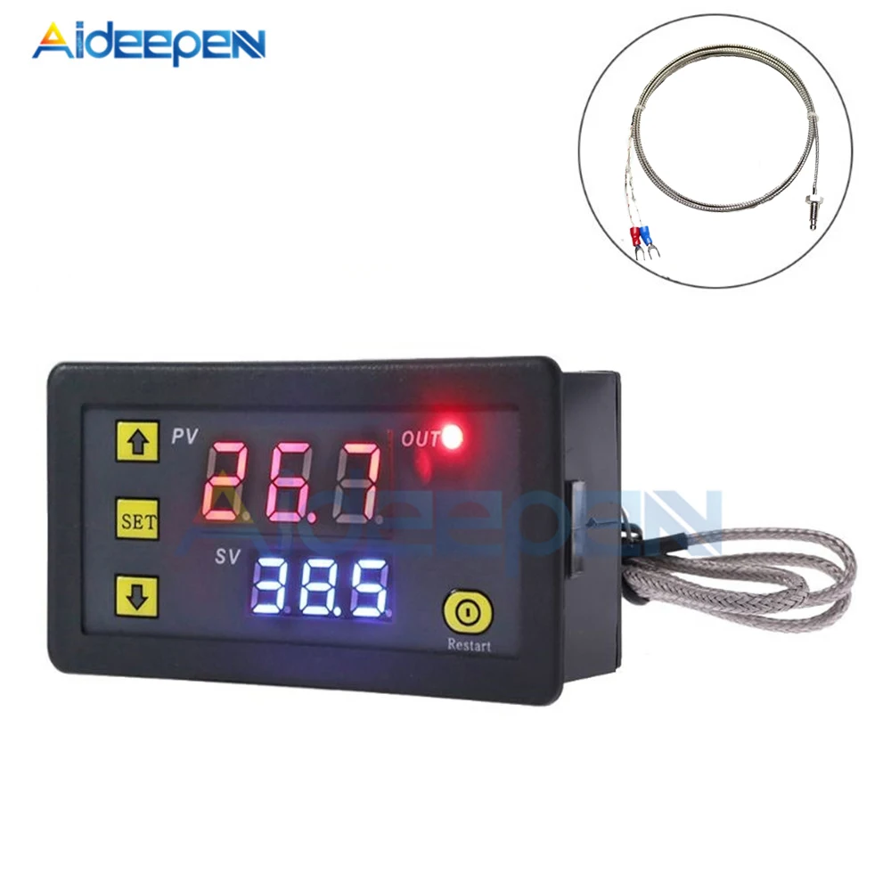 Digital Temperature Controller Digital Thermostat DC 5V 12V 24V 110V 220V AC Digital Temperature Controller-60~500 Degree K-type M6 Probe Thermocouple Sensor Embedded Thermostat