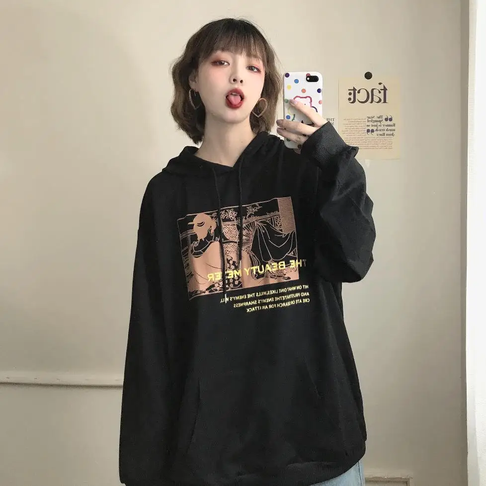 Толстовка с буквенным принтом Женская толстовка Kawaii Harajuku одежда пуловер с капюшоном корейского размера плюс хлопок Повседневная Уличная одежда Топы V856
