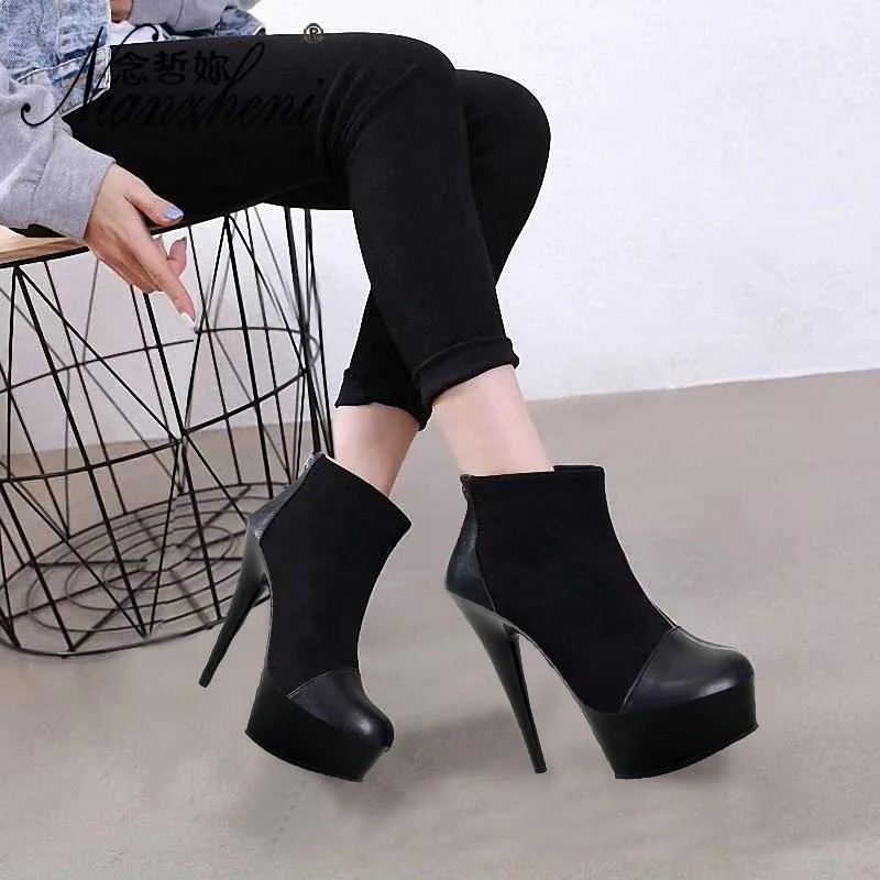 Black Stripper Heels Combat Women Winter 20CM Ankle Boots Platform Round Toe Dancing Shoes 8 Inch Chunky New Models Nightclub | Обувь