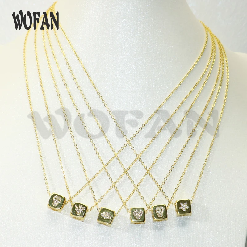 

10 Pcs Zircon Micro pave Cube bead charm pendant necklace Gold Color Cubic Zirconia Pendant with link chain necklace