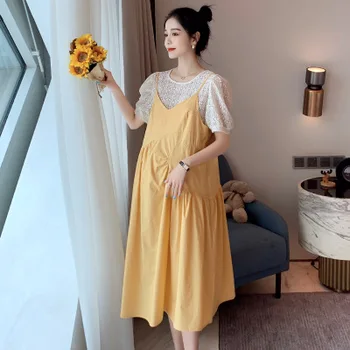 

New summer two-piece maternity dress Korean version of the large size maternity dress solid color mid-length maternity dress