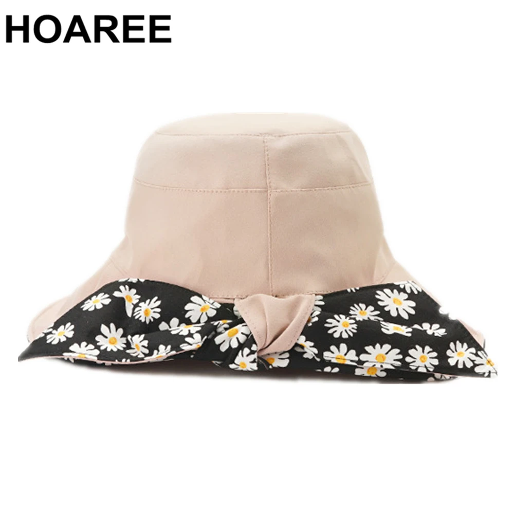 

HOAREE Pink Black Double-sided Reversible Bucket Hat Womens Daisy Print Sun Protection Caps for Ladies Vintage Fishing Hat