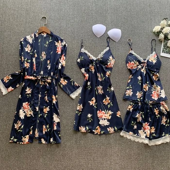 

2020 Spring Women Silk Satin Pajamas Sets 4 Pieces Lace Sleepwear Flower Printed Pijama Spaghetti Strap Pyjamas Nightwear