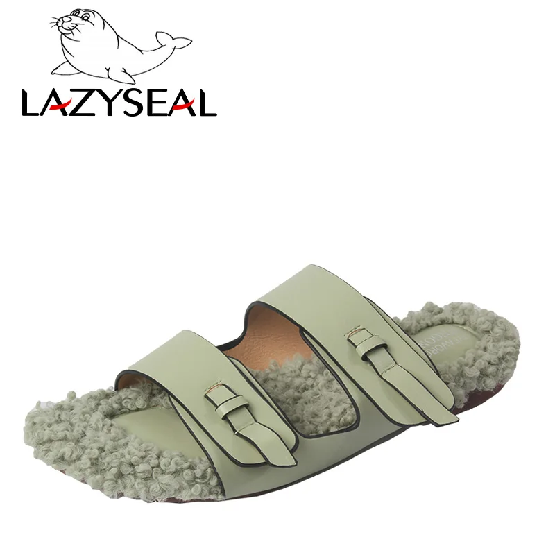 LazySeal; Новинка; домашние тапочки из пуха; женская обувь на Плоском Каблуке; нескользящие женские пушистые шлепанцы с эластичной лентой; сезон осень; женские повседневные вьетнамки - Цвет: Green