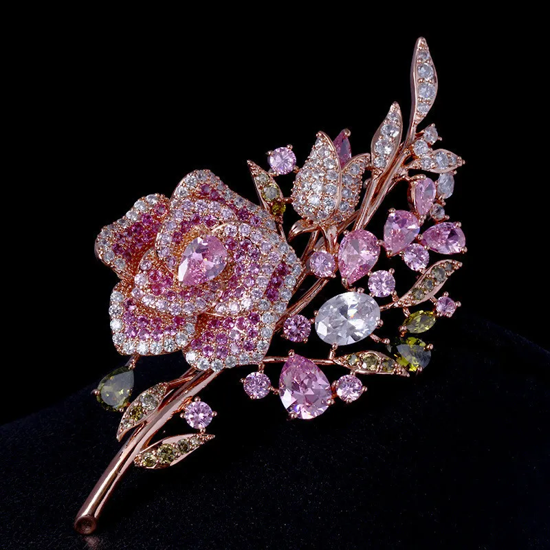 FXLRY Big New Elegant Pink Crystal Flower Brooch Rhinestone Pin Romantic Wedding Bride Bridesmaid Rhinestone Brooches and Pins