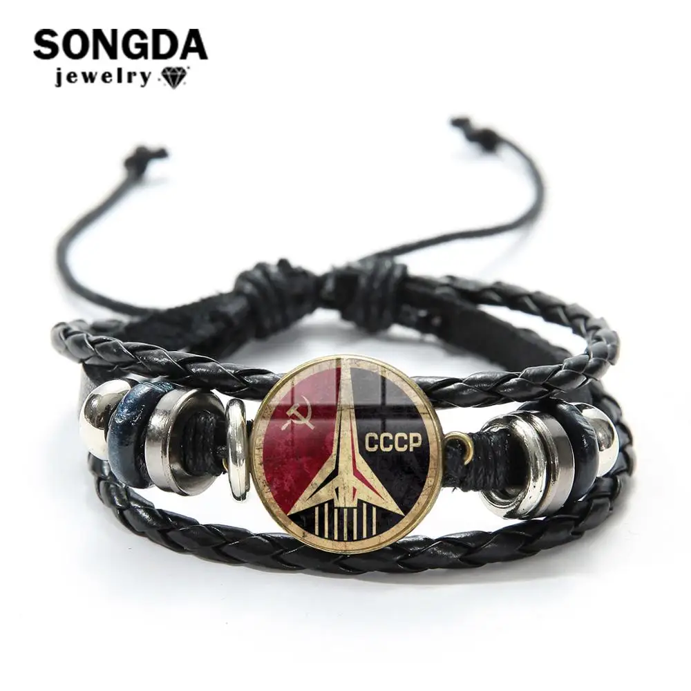 

SONGDA CCCP Soviet Badges Russia Leather Bracelet Space Flight Universe USSR Soviet Communism Symbol Charm Bracelet Men Jewelry