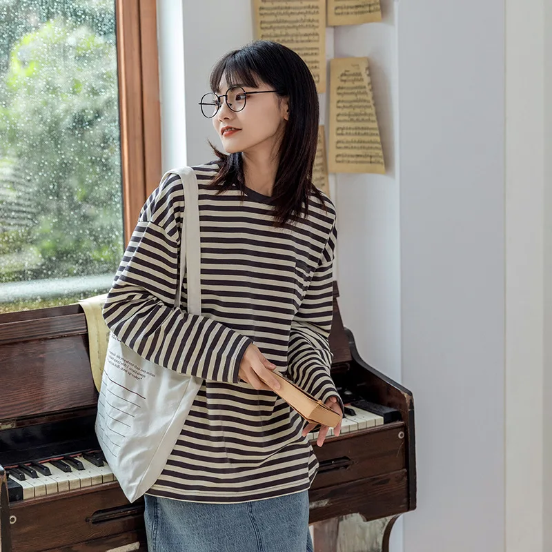 2020 Autumn Striped Women Long Sleeve T-Shirt Cotton Soft Comfortable Loose Japanese Style Base Shirt Summer Plus Size Clothes