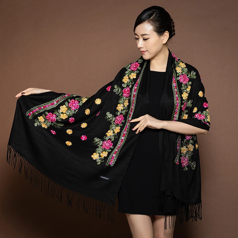 Брендовый дизайнерский женский вышитый цветок пашмины шарф женский кашемировый длинный шарф дорожное одеяло теплый палантин Warps