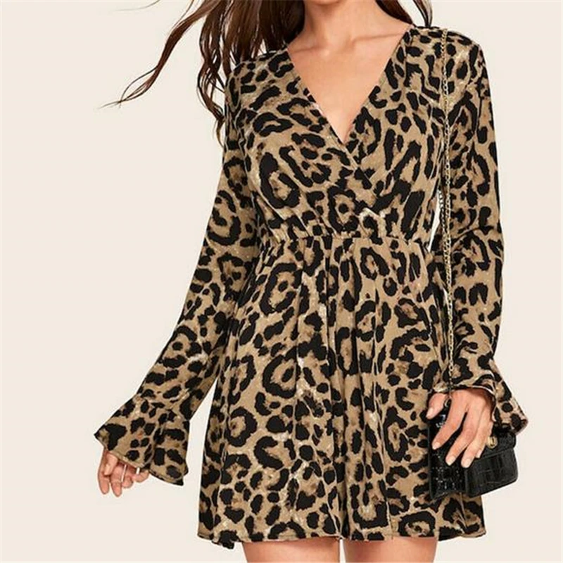 

Women Mini Dress Elegant Long Sleeve Leopard Print Party Dress 2019 Spring Autumn Retro Dress Ladies Fashion Vestidos Clothes