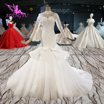 شراءAIJINGYU فستان الشاطئ بأسعار معقولة فساتين الزفاف الدانتيل مع ذيل طويل خمر فستان الزفاف العاجي