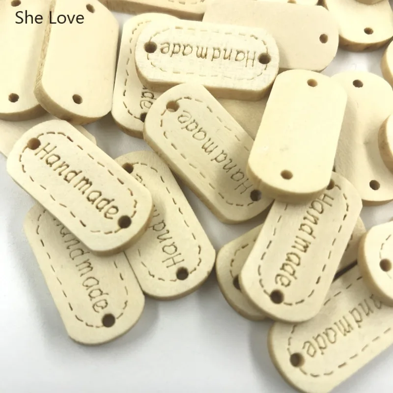 

She Love 50Pcs/lot Vintage Handmade Wood Garment Label 23.5x11.5mm Embossed Hand Made Letter Label Tags Diy Sewing Materials