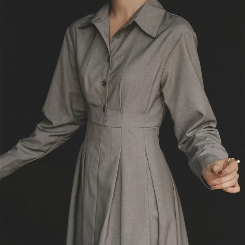 XITAO Grey Vintage Dress Women Elegant Long Sleeve Dresses Turn Down Collar Slim Was Thin Temperament Women Clothes DMY2296