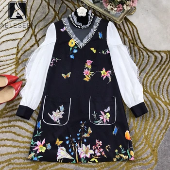 

AELESEEN Luxury Black Dress 2020 Elegant Spring Summer Dress Long Sleeve Ruffles Pearls Flower Butterfly Print Beading Dress