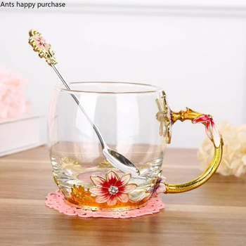 Colorful Enamel Flower Glass Teacup with Lid & Spoon 1