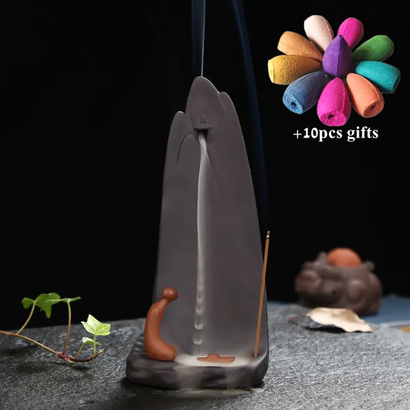 

Ceramic Forward Backflow Incense Burner Purple Clay Incense Stick Holder Incense Waterfall Censer Home Decor + 10pcs Free Cones