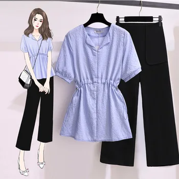 

Large Size Dress 2020 Summer Wear New Style Large GIRL'S Western Style by Age Slimming Striped Shirt Loose Pants Two-Piece Suit