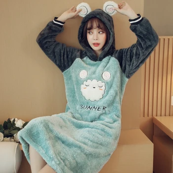 

JULY'S SONG Winter Cute Sleepwear Warm Flannel Thicken Nightgown Long Sleeve Woman Animal Cartoon Sleepwear Winter Homewear