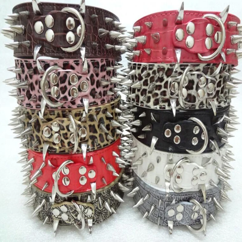 

HIPET PU Leather Dog Collar 2" Wide Sharp Spiked Studded Adjustable Medium Large Dogs Collar Personalized Bulldog Pet Collars