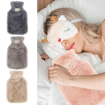 

800ML Hot Water Bottles with Pure Natural Rubber Cosy Fluffy Plush Faux Fur Grey Cover for Back, Neck, Waist, Legs, Bed Warm