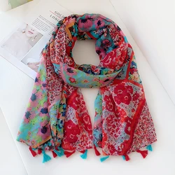 New lady Autumn Cotton Viscose Tassel Shawl Polka Floral Patchwork Long Pashmina Wrap Sun Protection Summer Soft Shawl 180*90cm