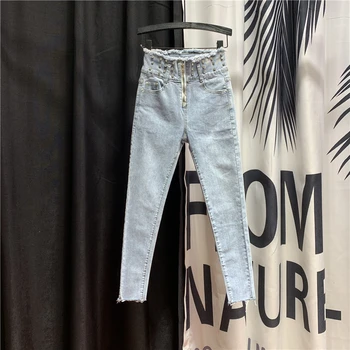 

European Burr Diamond Bead Zipper Jeans Women Spring Fall 2020 New Super Fire Slim Pencil Pants Student Tight-fit Denim Trousers