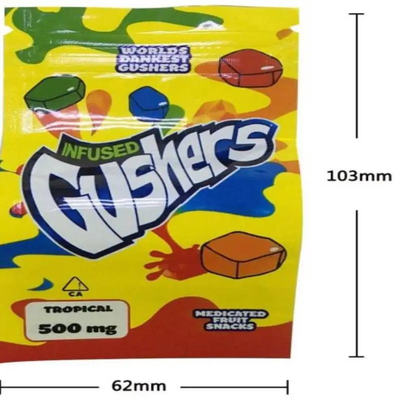 Green Worlds Dankest Gushers Medicated Fruit Snack 500mg Gusher Candy Bag Tropical Sour Tropical