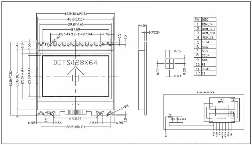 1," 43,5X40,8 мм 12864 128X64 серийный SPI COG графический ЖК-модуль дисплей экран LCM встроенный UC1701X