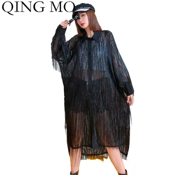 

QING MO Black Red Women Chiffon Blouse 2020 Women Perspective Blouse Female Tassel Blouse Sun Protection Clothes ZQY3406