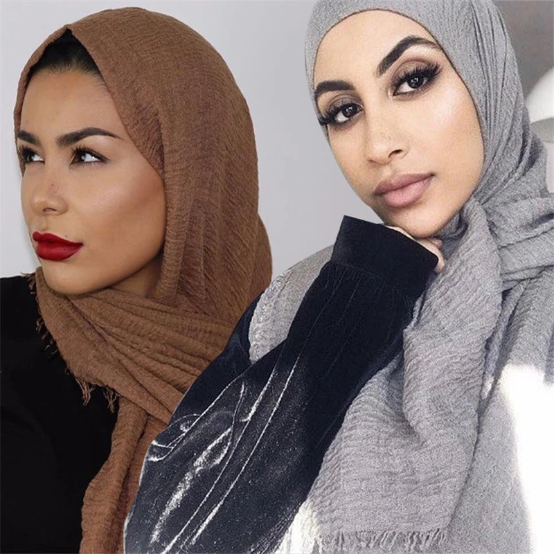 

2020 women bubble cotton solid Islam muslim head scarf shawls and wraps pashmina female foulard viscose maxi crinkle cloud hijab