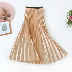 2019 осень Новое поступление металлический цвет Женская плиссированная юбка с высокой талией универсальная тонкая трапециевидная длинная