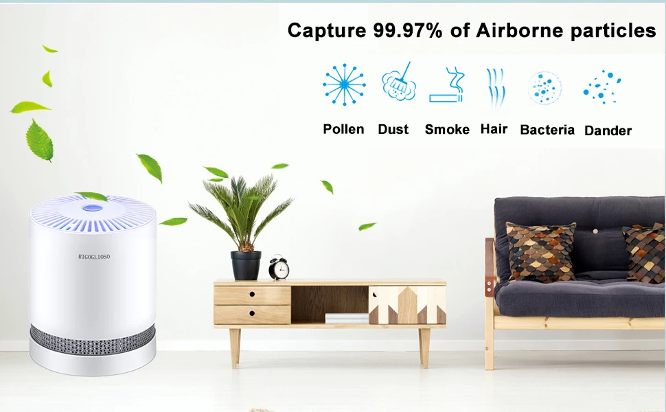 RIGOGLIOSO Air Purifier For Home True HEPA Filters Compact Desktop Purifiers Filtration with Night Light Air Cleaner GL2109