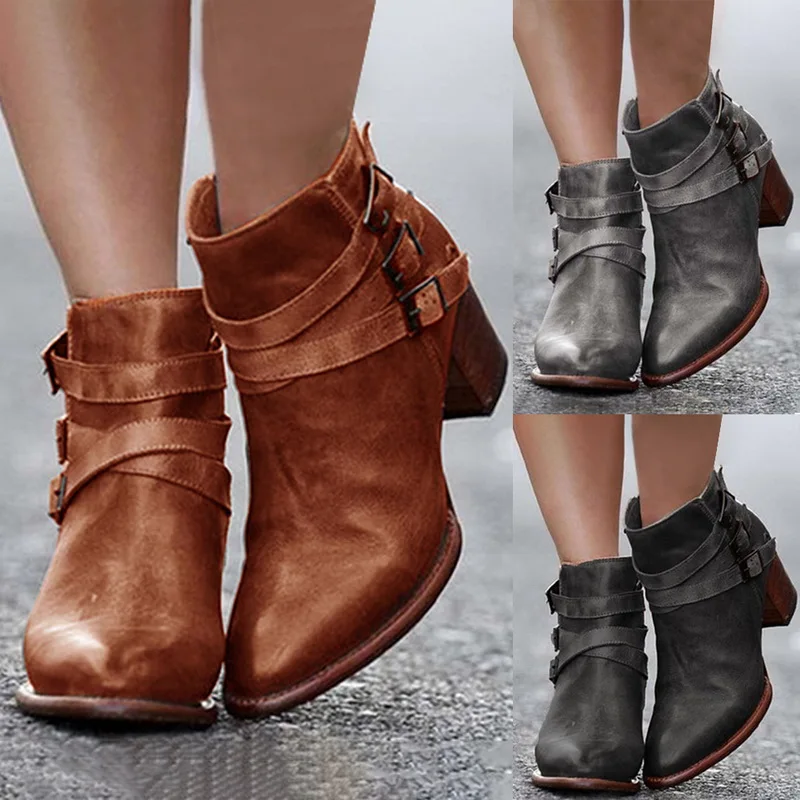 

New Women Fashion Brand Mid Heel Buckle Ankle Boots 2019 Ladies Point Toe PU Leather Motorcycle Boots Spring Autumn Solid Boots