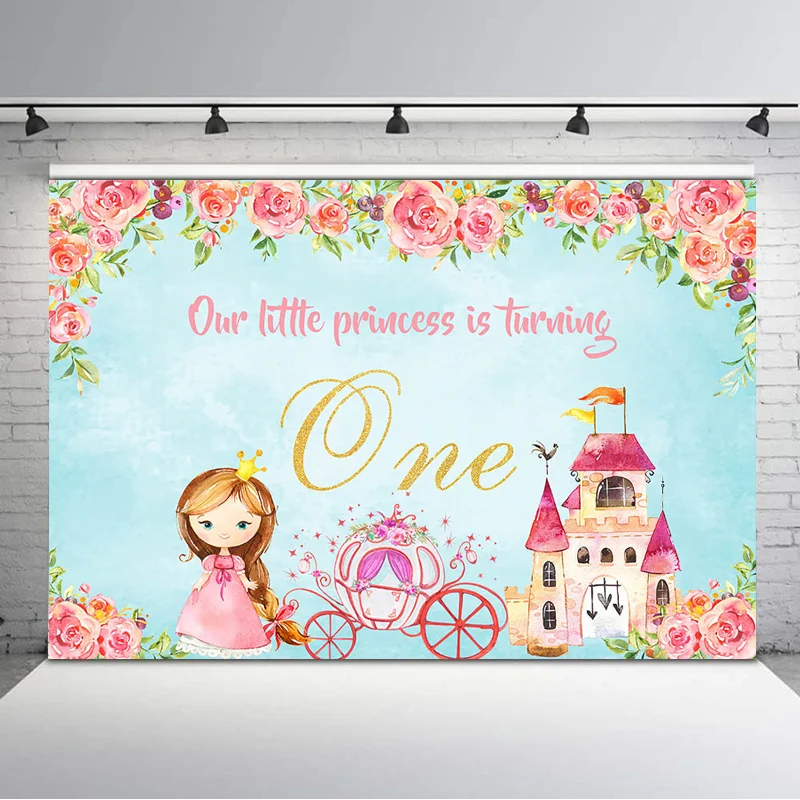 Happy 1st на день рождения фон розовый замок карета девушка День украшения поставки