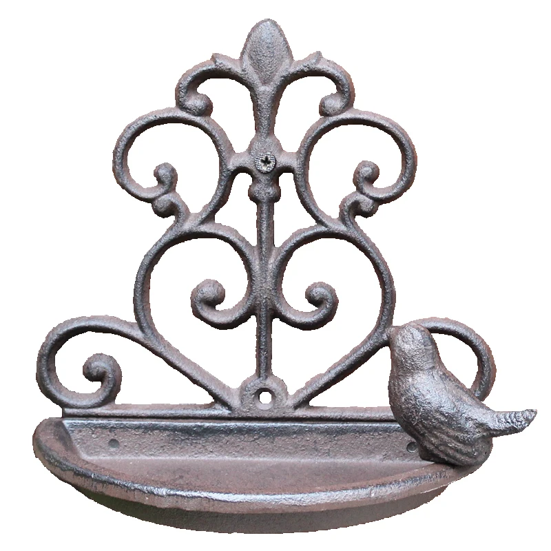 Antique Rustic Cast Iron Wall Bird Feeder Farm House Accents Home Garden Wall Mounted Bird Figurine Metal Key Storage Plate Bowl