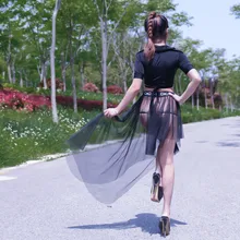 Прозрачный тюль юбки для женщин эластичная талия Горячая сексуальная ночная Клубная сетчатая юбка-пачка со складками Асимметричная миди юбка вечерние Jupe Femme