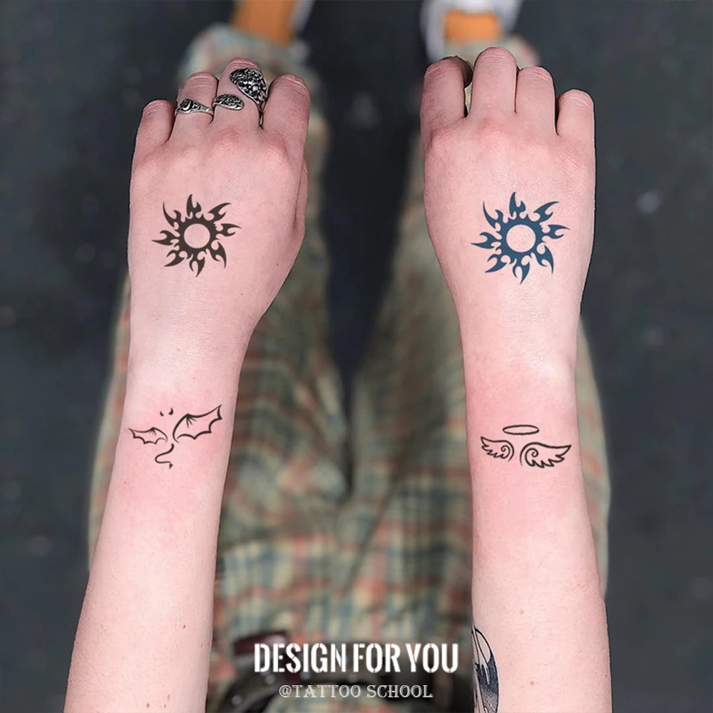 Autocollants De Tatouage Temporaire Faux Tatouages Ailes D Ange Diable Soleil Lune Bras Amoureux Noir Pour Hommes Et Femmes Aliexpress Beaute Sante