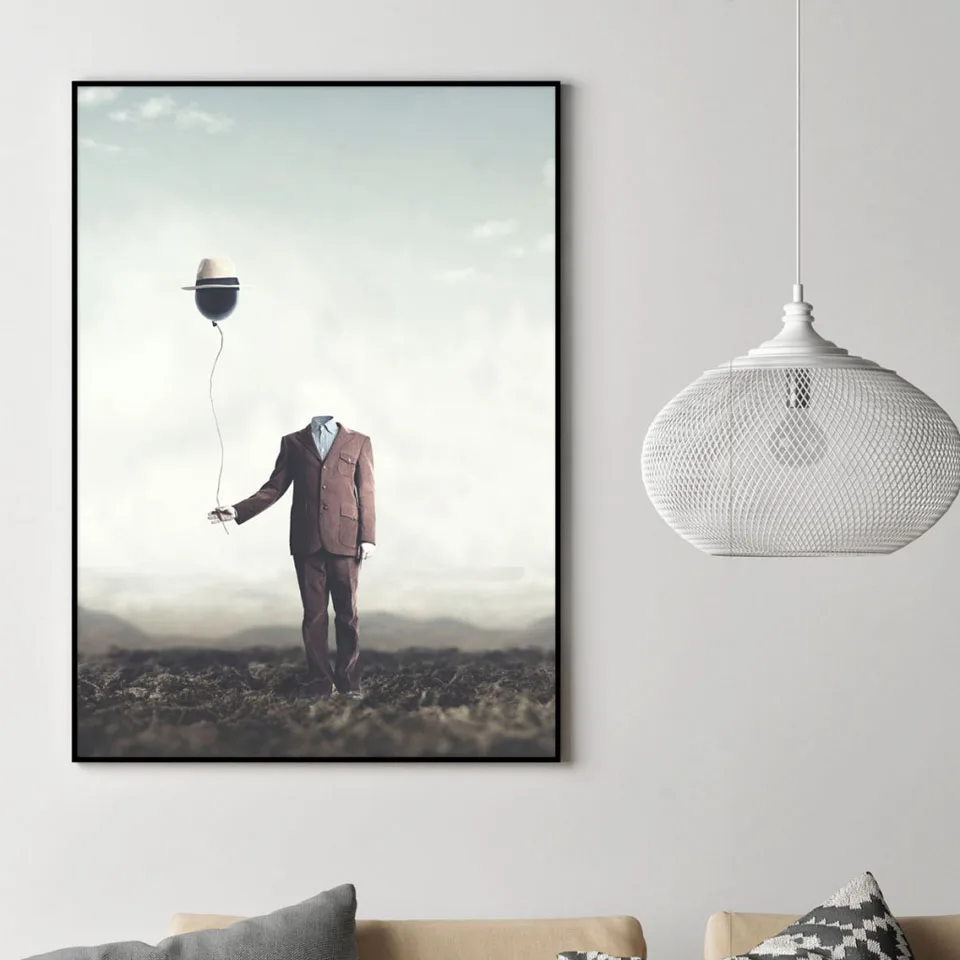 Surreal Concept Man с воздушным шаром Картина на холсте абстрактный постер из альпаки
