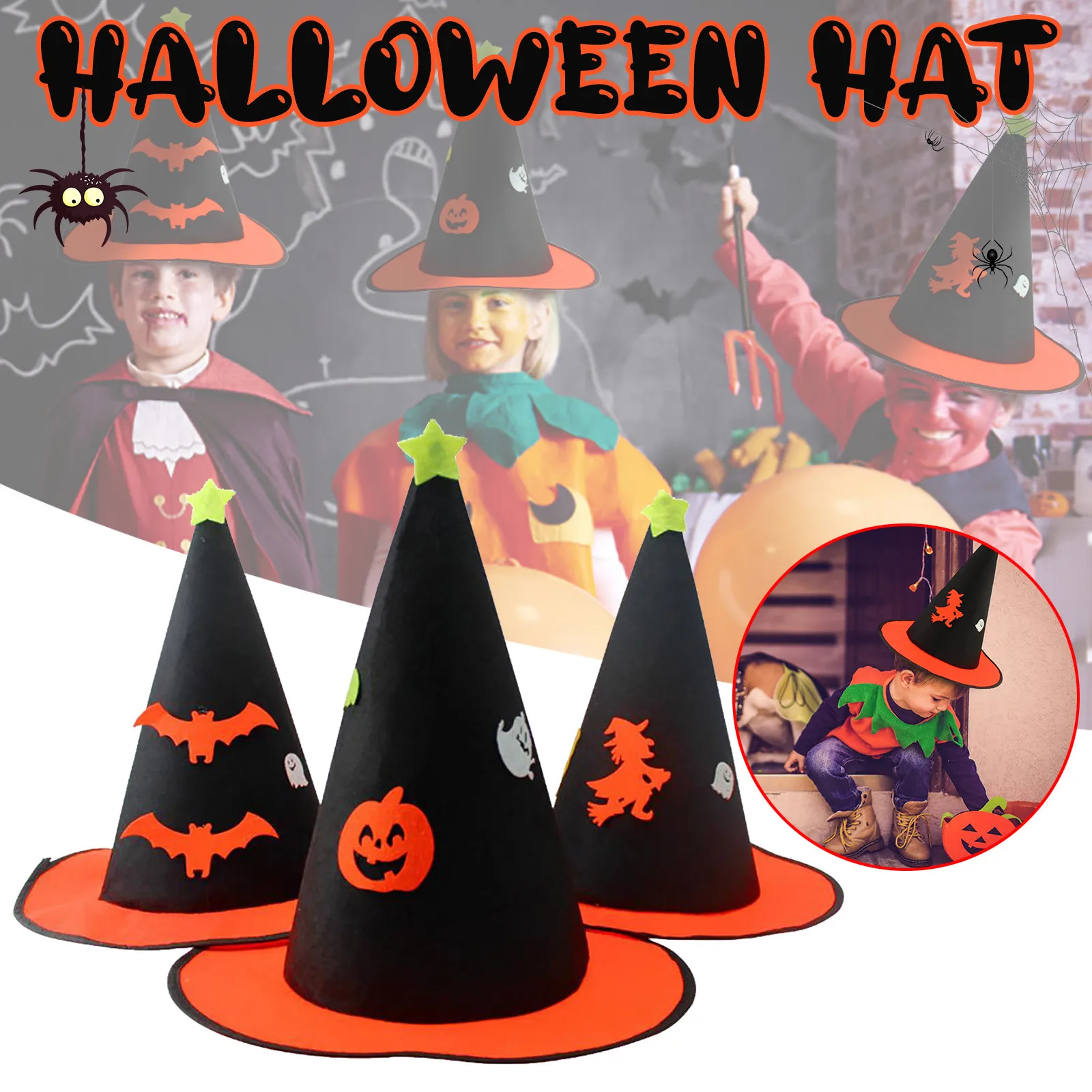 

Halloween Kid Hats Pumpkin Witch Bat Printed Hats Washable Soft Peaked Cap Party Decorations Costume Props Nice Gifts
