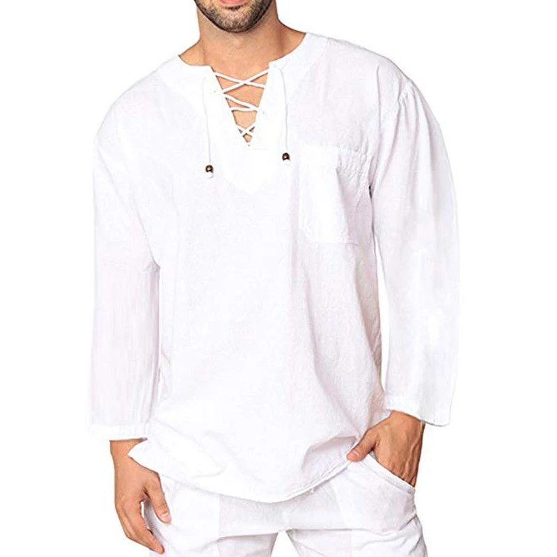 JPLZi Mens Fashion T Shirt Cotton Linen Tee Hippie Shirts Half Sleeve Beach V-Neck Yoga Top Drawstring Printing T Shirts