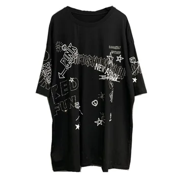 

QING MO Black Women Letter Printed T Shirt 2020 Women Rhinestone T Shirt Female Summer Cotton T Shirt ZQY2939