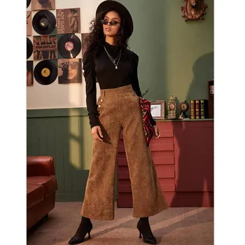 

Hot Winter Fashion Womens Pants Casual High Waist Corduroy Casual Loose Wide Leg Long Pants Elegant Solid Color Wide Leg Pants